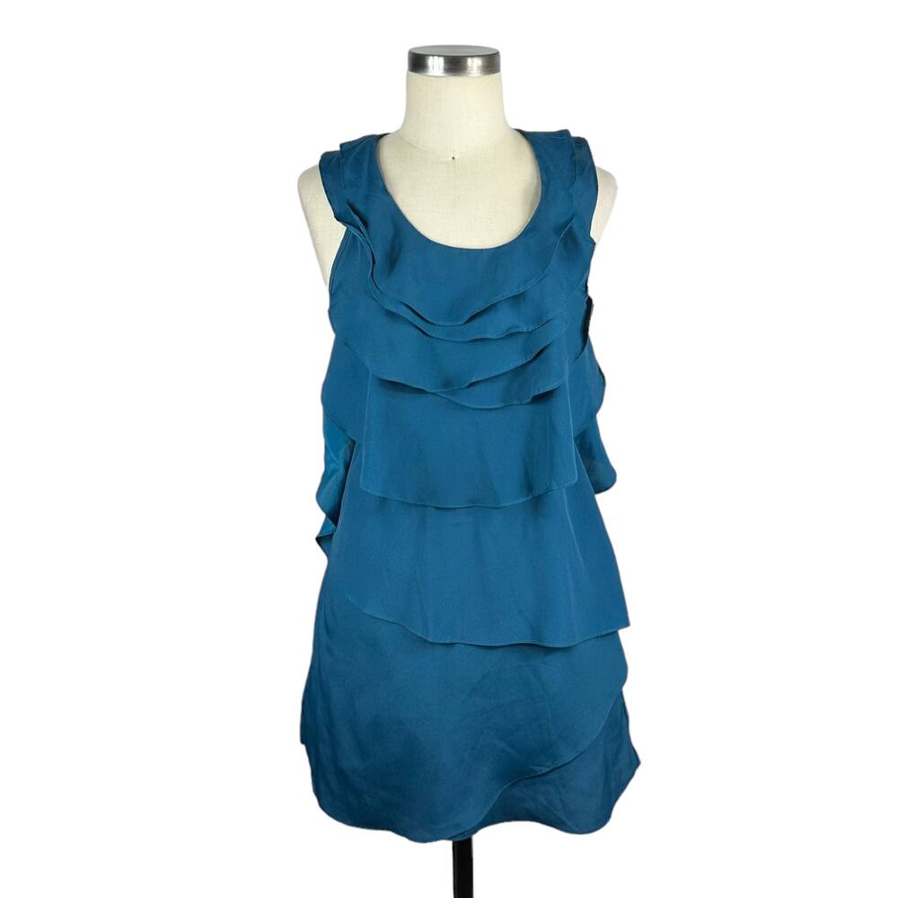 LULUMARI‎ Teal Blue Ruffle Mini Dress Back Cut Out Women's Small Party Cocktail